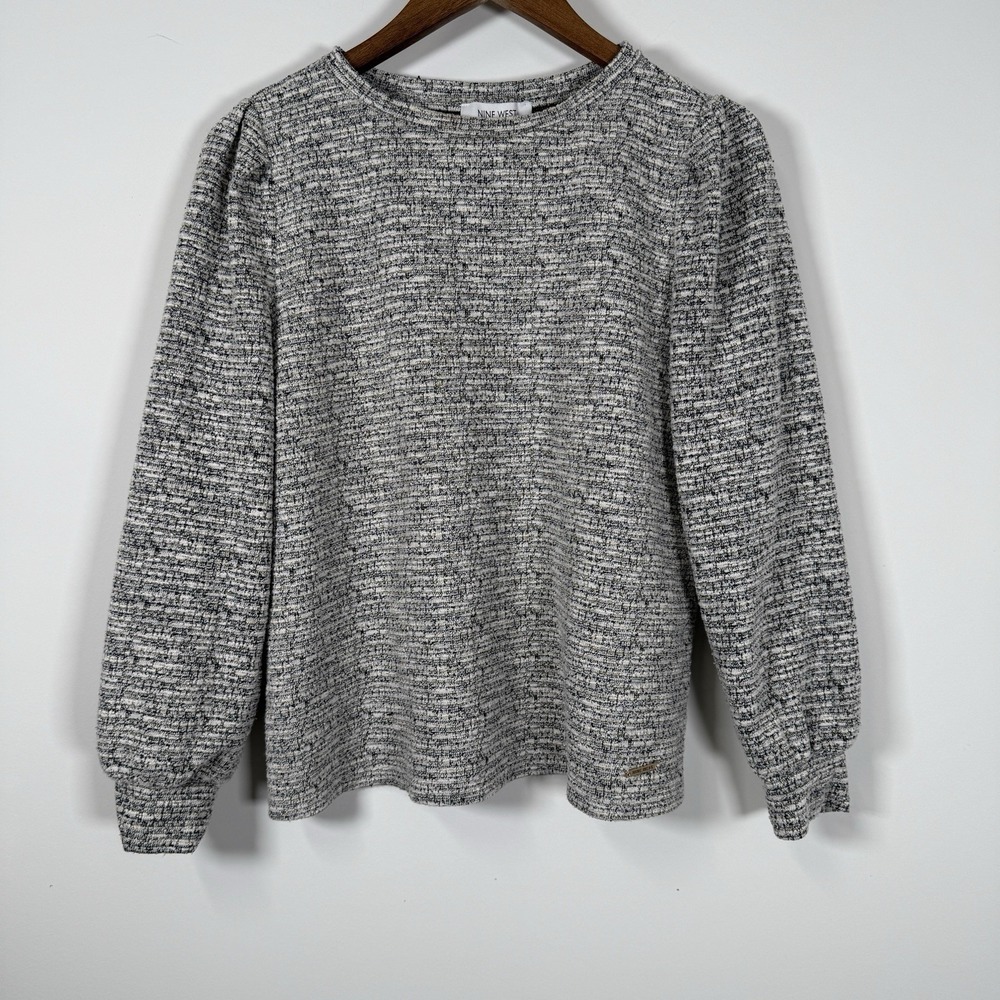 Women's Nine West Puff‎ Sleeve Blouse White Black Gold Size Large